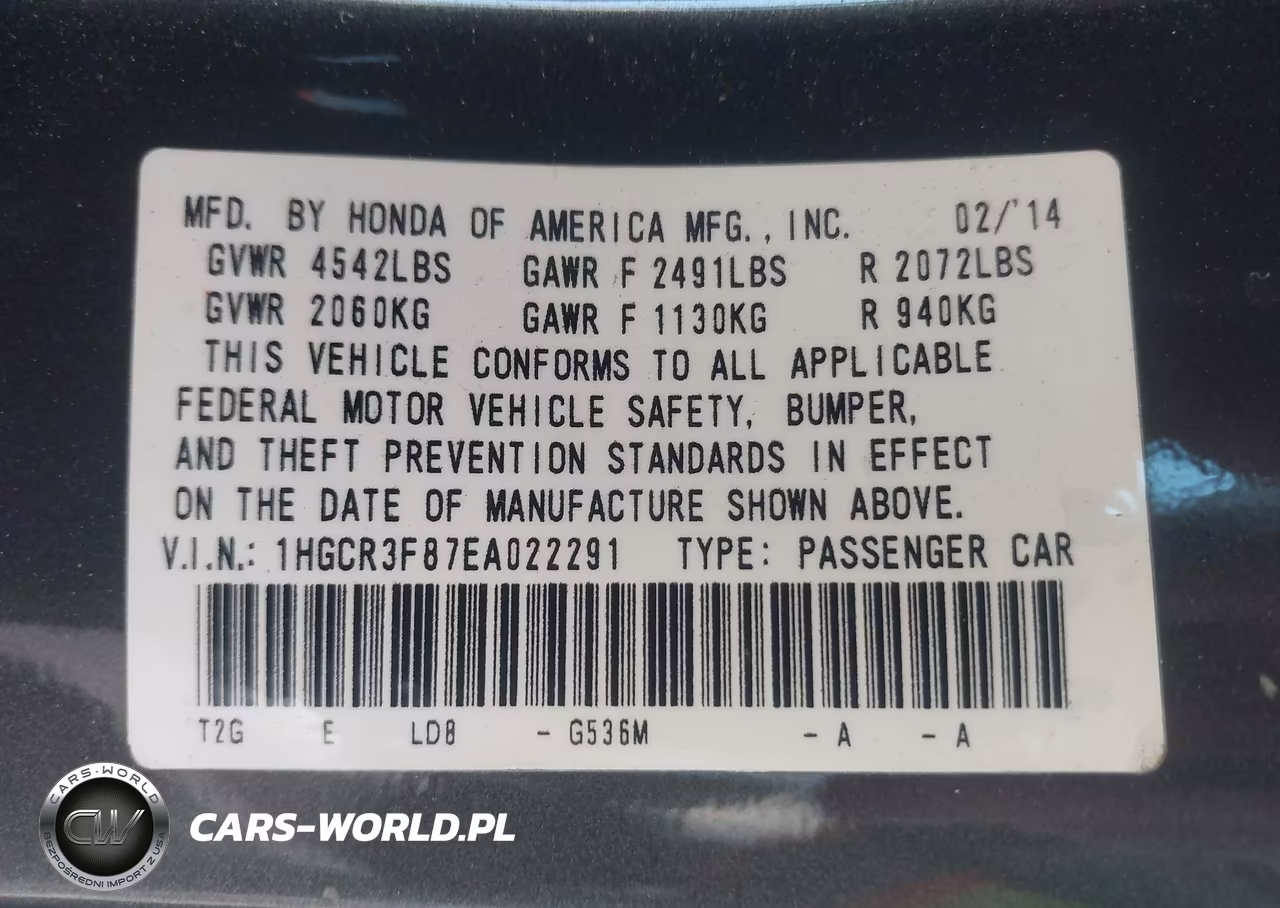 2014 Honda Accord Ex-L V-6 VIN:1HGCR3F87EA022291 - 9
