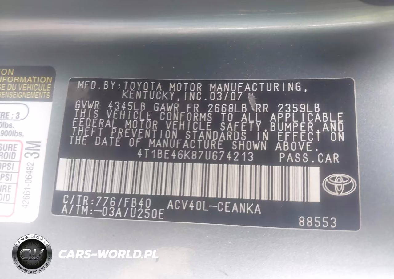 2007 Toyota Camry Le VIN:4T1BE46K87U674213 - 9