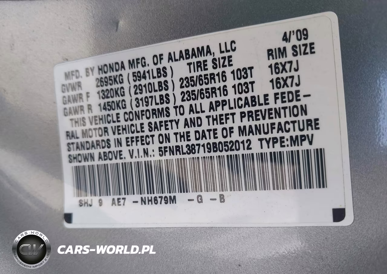 2009 Honda Odyssey Ex-L VIN:5FNRL38719B052012 - 9