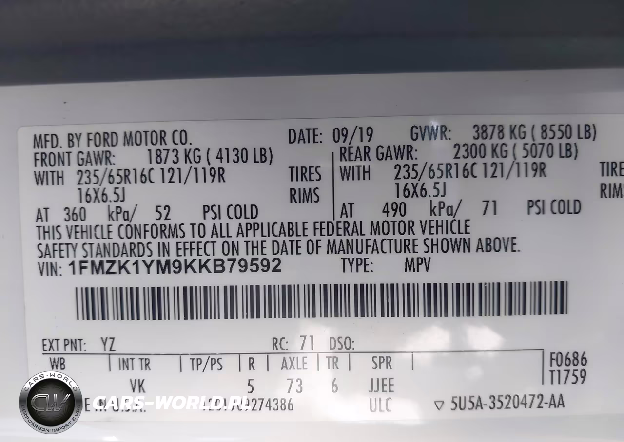 2019 Ford Transit-150 Xl VIN:1FMZK1YM9KKB79592 - 9