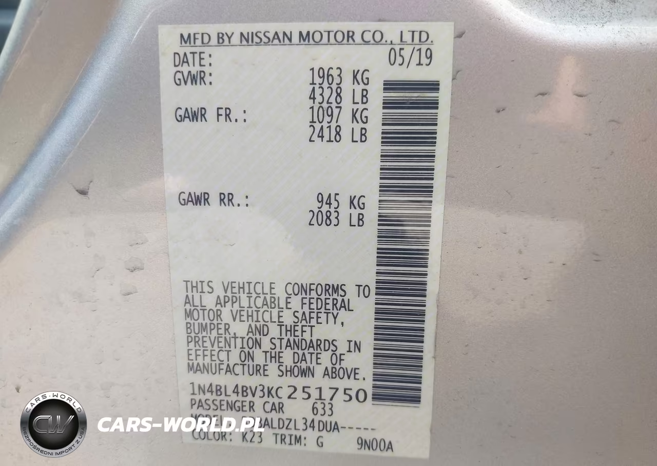 2019 Nissan Altima 2.5 S VIN:1N4BL4BV3KC251750 - 9