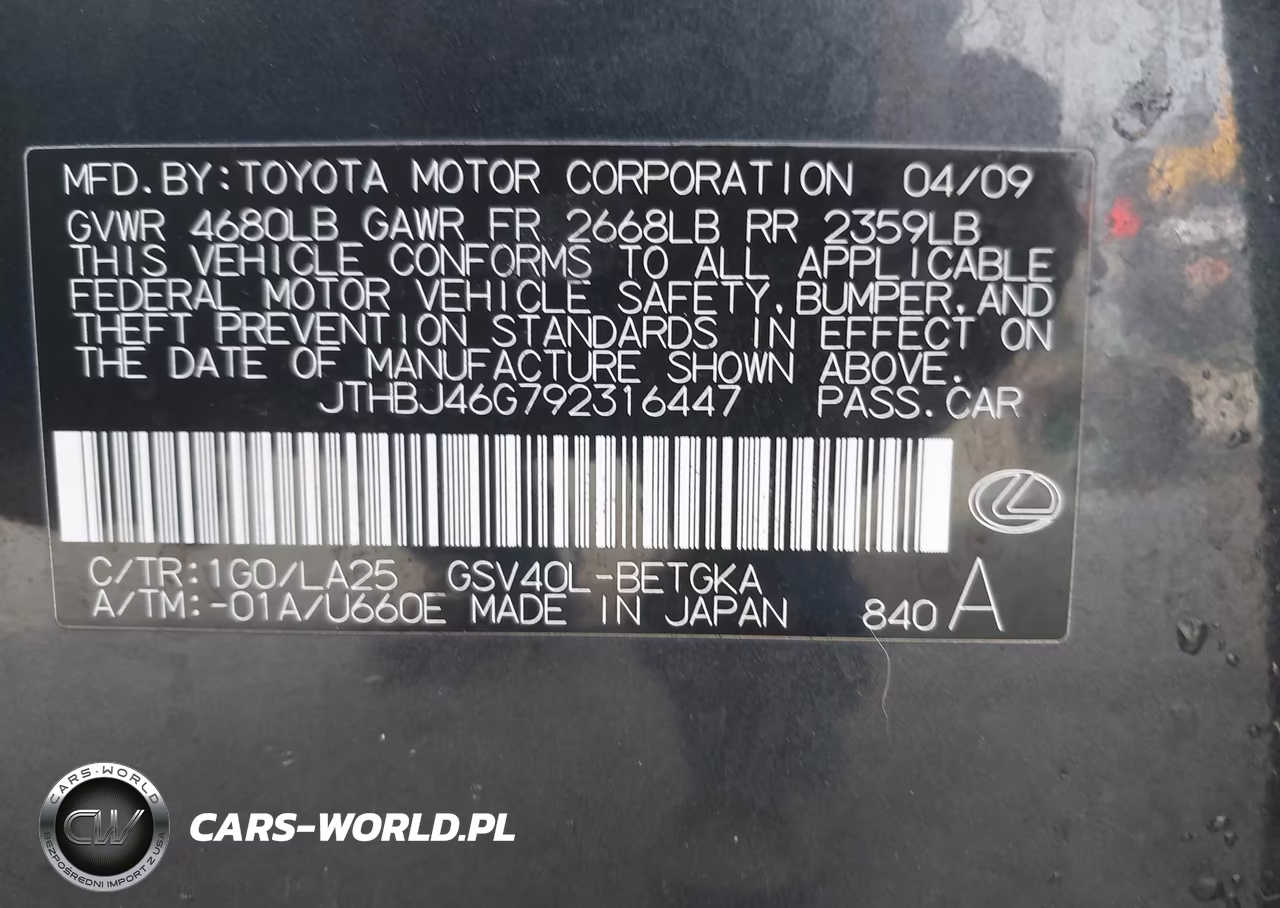 2009 Lexus Es 350 VIN:JTHBJ46G792316447 - 9