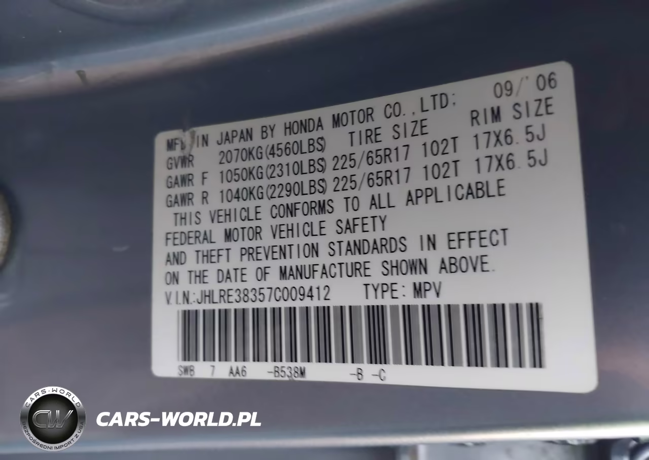 2007 Honda Cr-V Lx VIN:JHLRE38357C009412 - 9