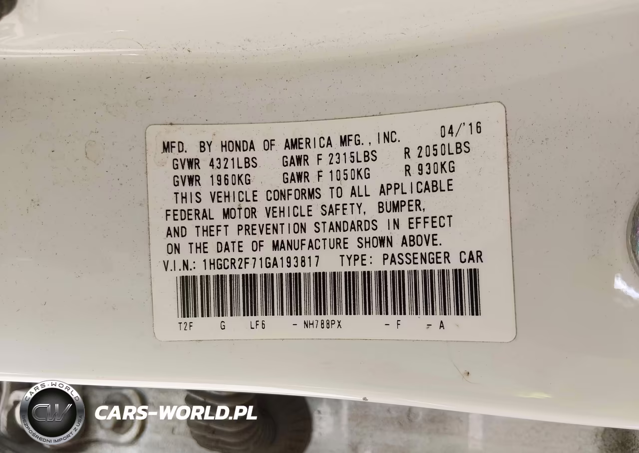 2016 Honda Accord Ex VIN:1HGCR2F71GA193817 - 9