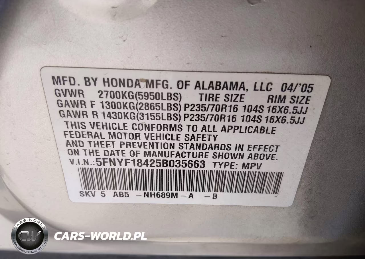 2005 Honda Pilot Ex VIN:5FNYF18425B035663 - 9