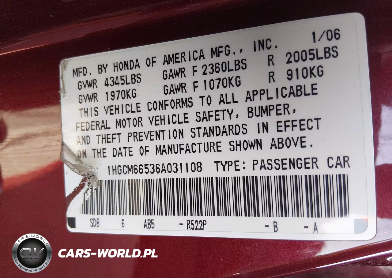 2006 Honda Accord 3.0 Ex VIN:1HGCM66536A031108 - 9