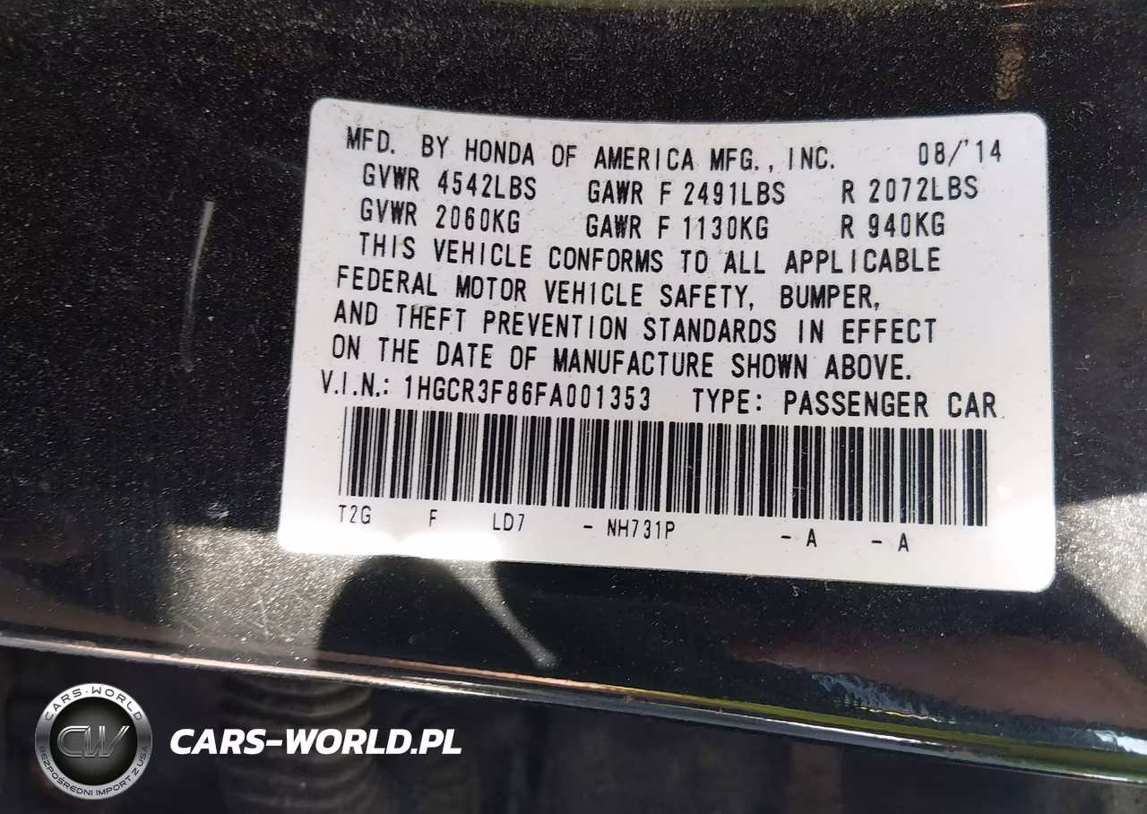 2015 Honda Accord Ex-L V-6 VIN:1HGCR3F86FA001353 - 9
