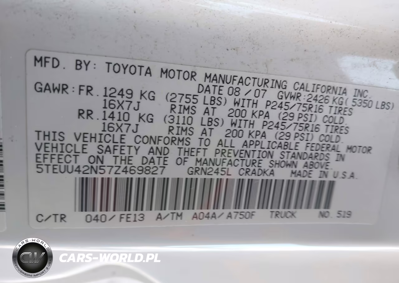 2007 Toyota Tacoma Base V6 VIN:5TEUU42N57Z469827 - 9
