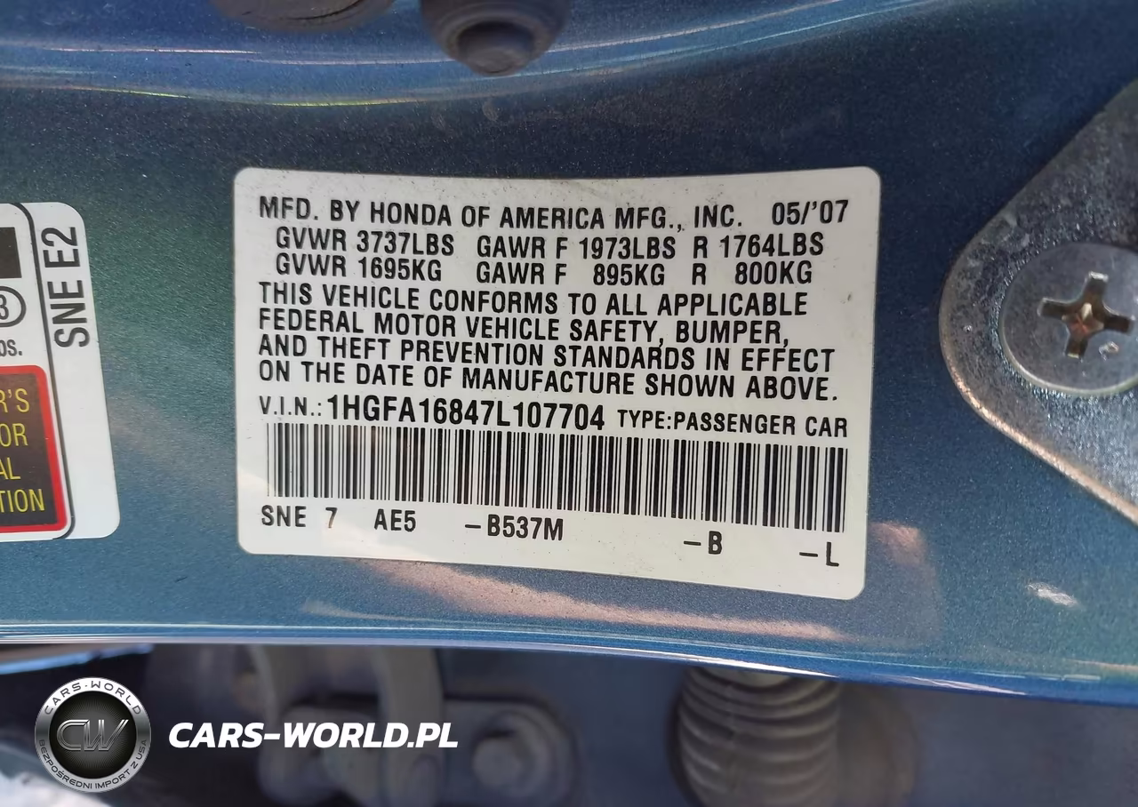 2007 Honda Civic Ex VIN:1HGFA16847L107704 - 9