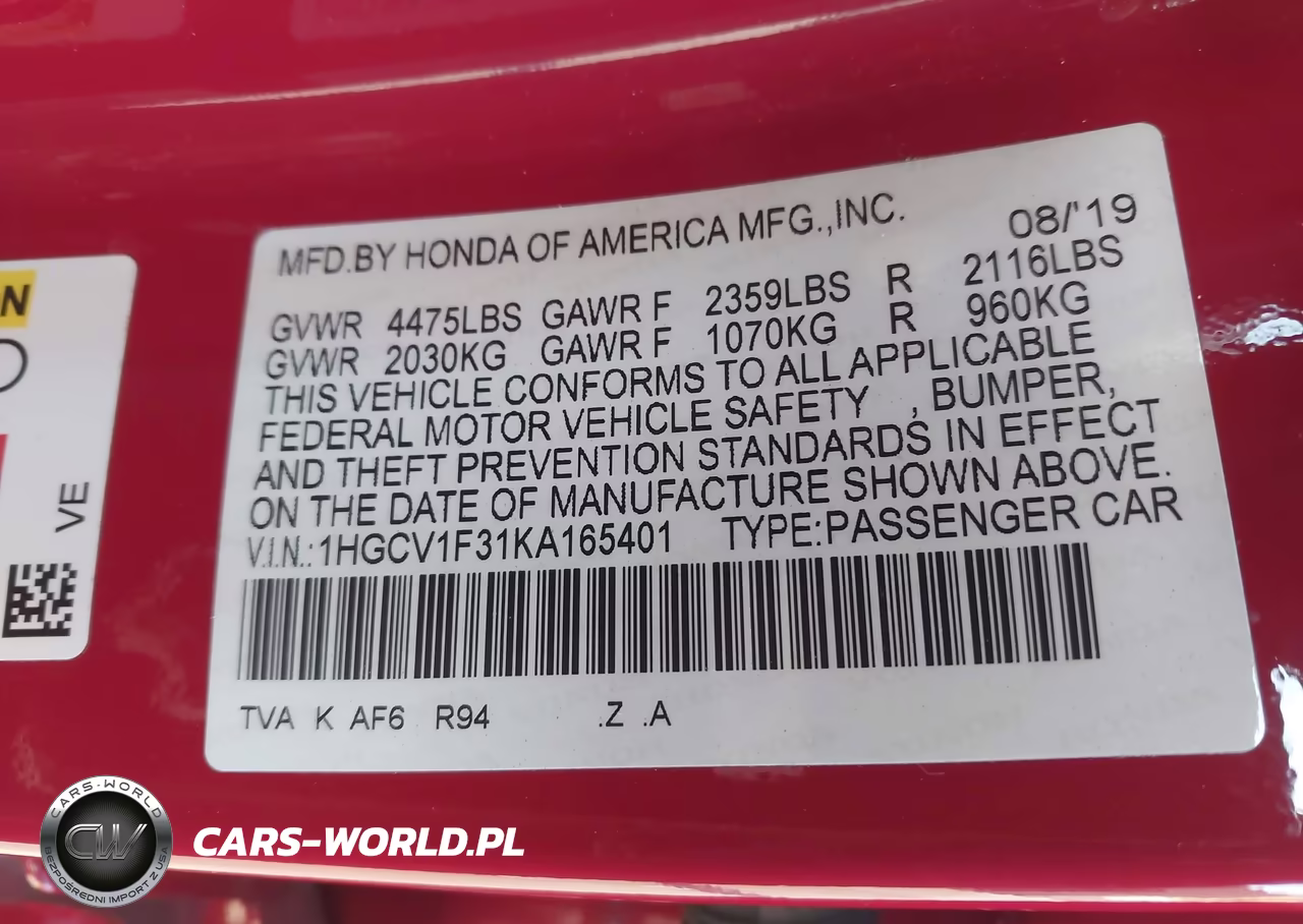 2019 Honda Accord Sport VIN:1HGCV1F31KA165401 - 9