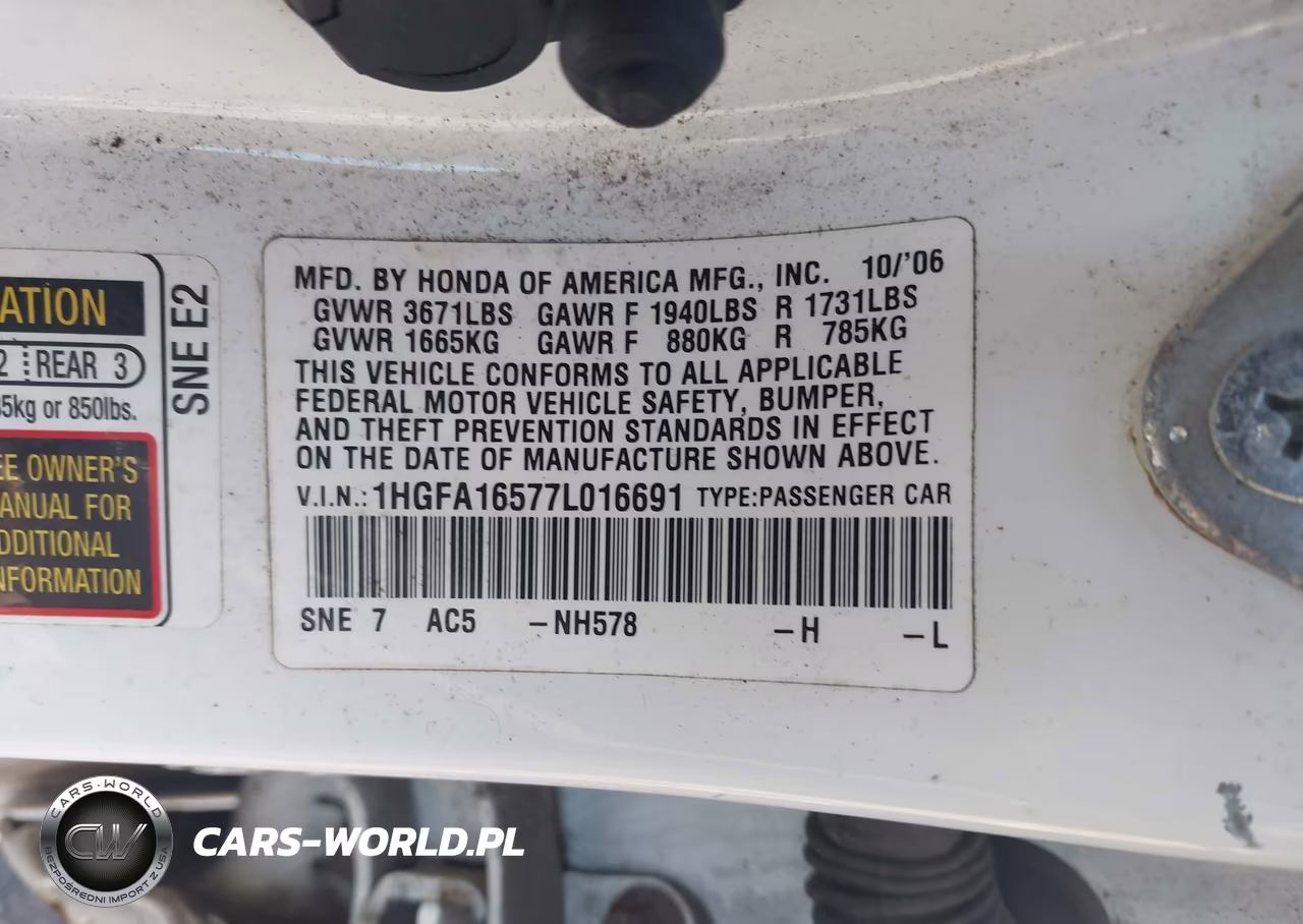 2007 Honda Civic Lx VIN:1HGFA16577L016691 - 9