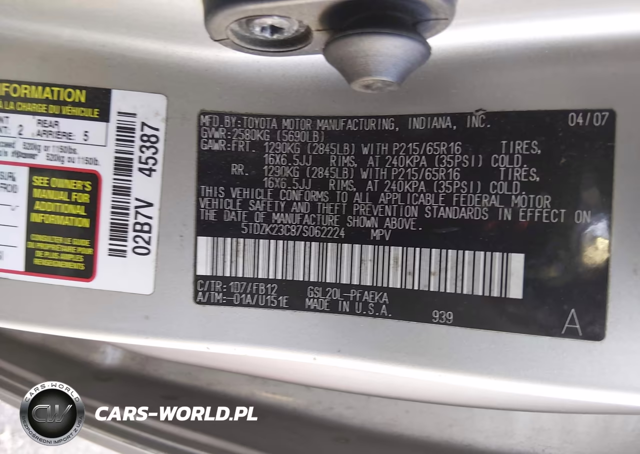 2007 Toyota Sienna Ce VIN:5TDZK23C87S062224 - 9