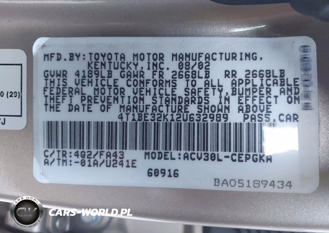 2002 Toyota Camry Xle VIN:4T1BE32K12U632989 - 9
