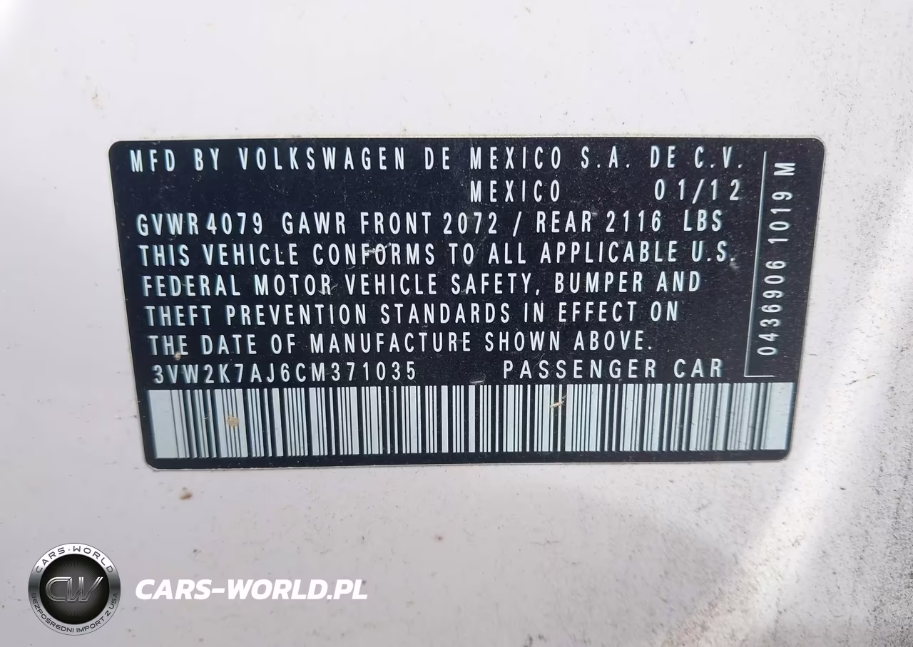 2012 Volkswagen Jetta 2.0L S VIN:3VW2K7AJ6CM371035 - 9
