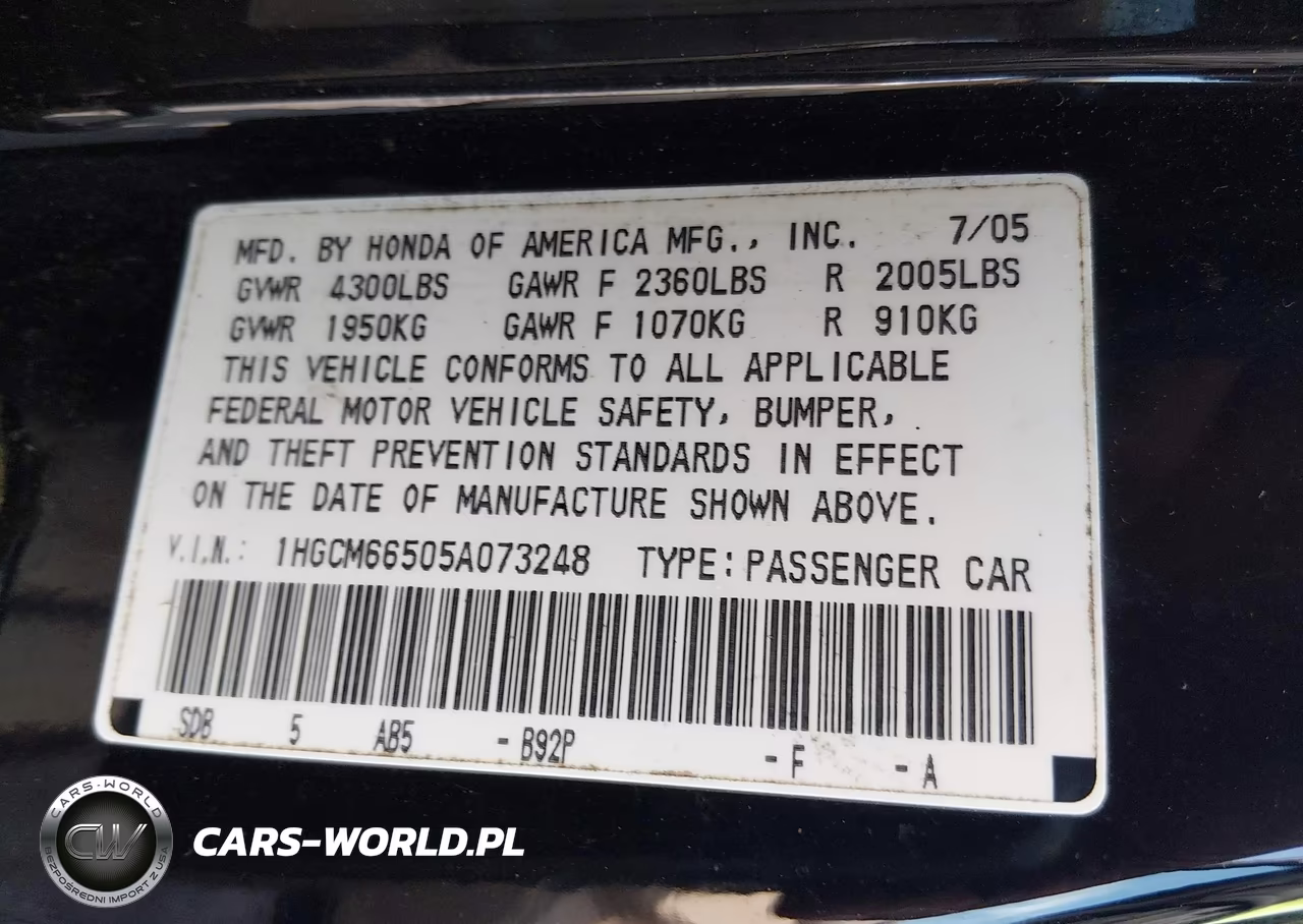 2005 Honda Accord 3.0 Ex VIN:1HGCM66505A073248 - 9