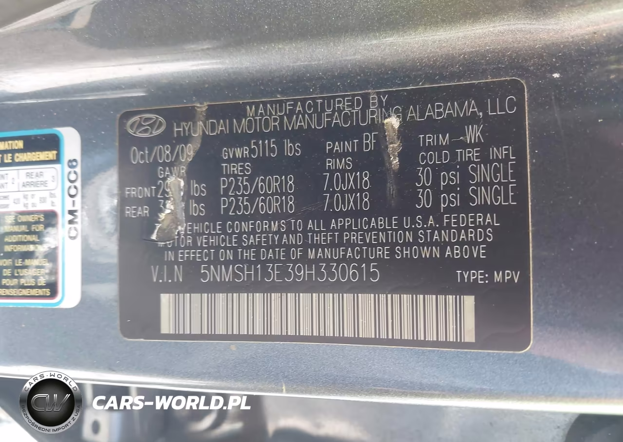 2009 Hyundai Santa Fe Limited VIN:5NMSH13E39H330615 - 9