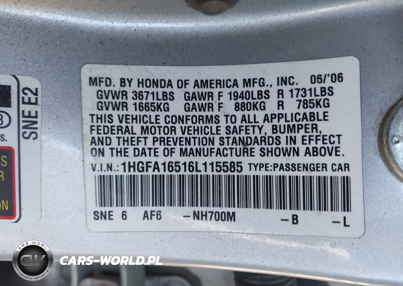2006 Honda Civic Lx VIN:1HGFA16516L115585 - 9