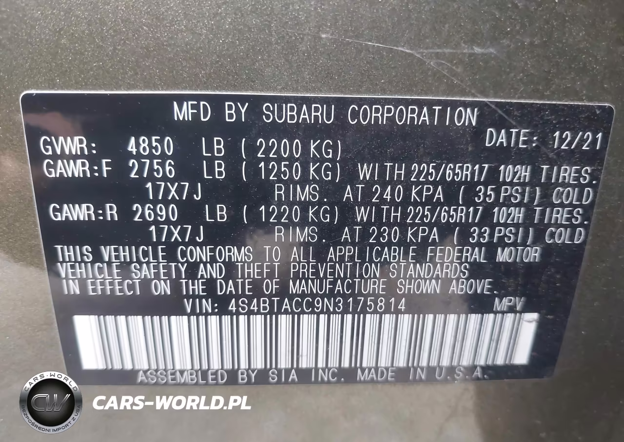 2022 Subaru Outback Premium VIN:4S4BTACC9N3175814 - 9