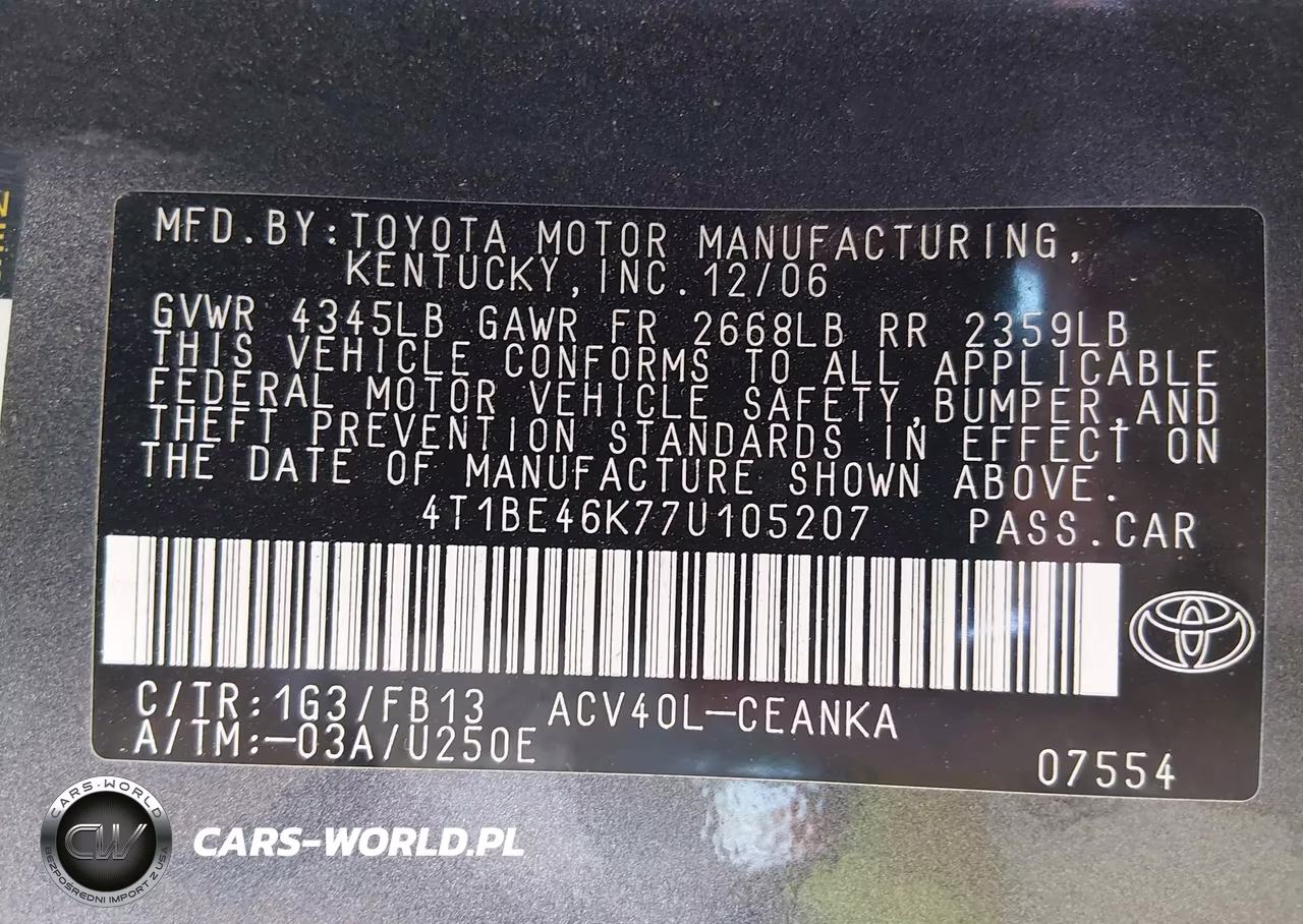 2007 Toyota Camry Le VIN:4T1BE46K77U105207 - 9