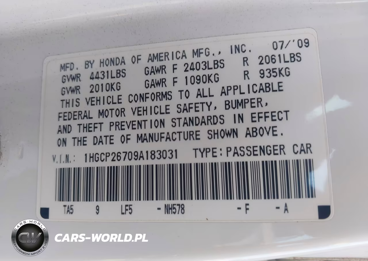 2009 Honda Accord 2.4 Ex VIN:1HGCP26709A183031 - 9