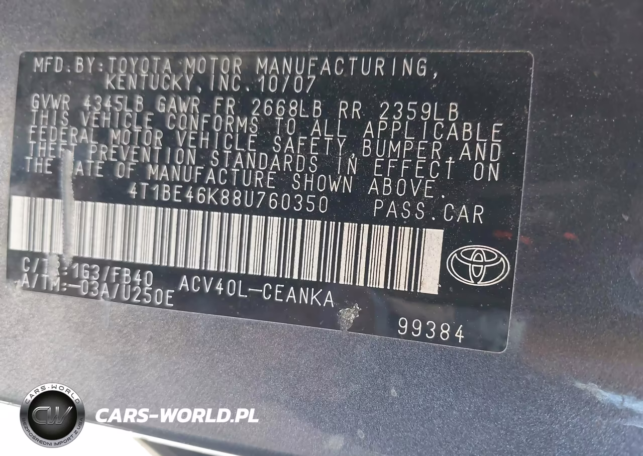 2008 Toyota Camry Le VIN:4T1BE46K88U760350 - 9