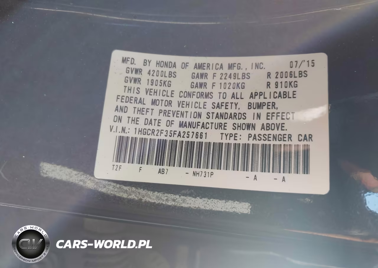 2015 Honda Accord Lx VIN:1HGCR2F35FA257661 - 9