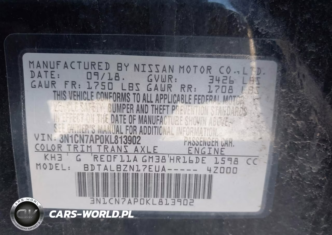 2019 Nissan Versa 1.6 Sv VIN:3N1CN7AP0KL813902 - 9