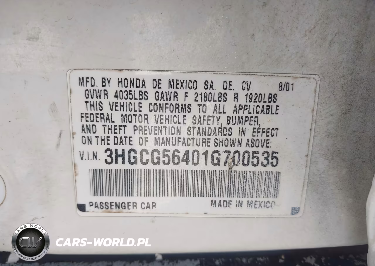 2001 Honda Accord 2.3 Lx VIN:3HGCG56401G700535 - 9