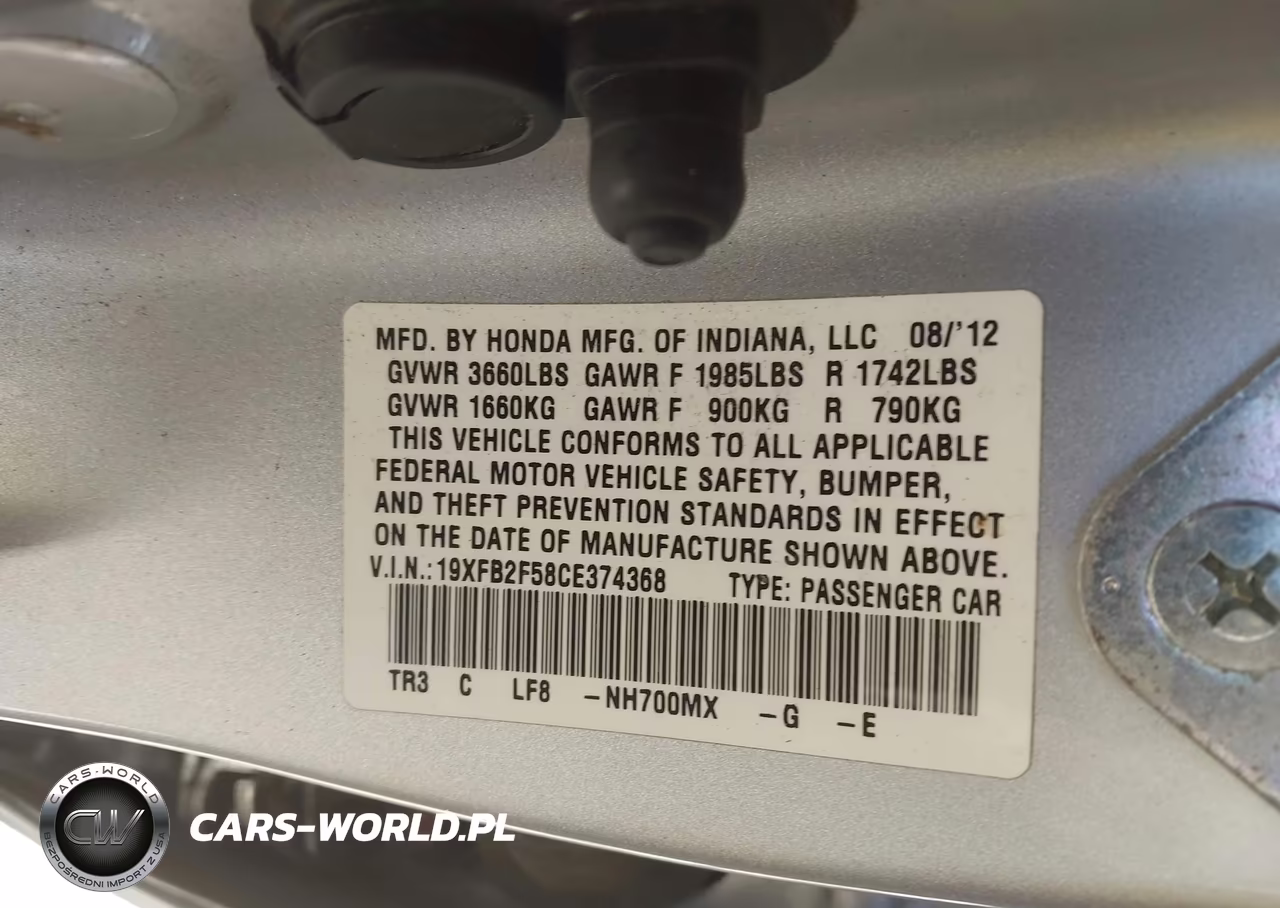 2012 Honda Civic Lx VIN:19XFB2F58CE374368 - 9