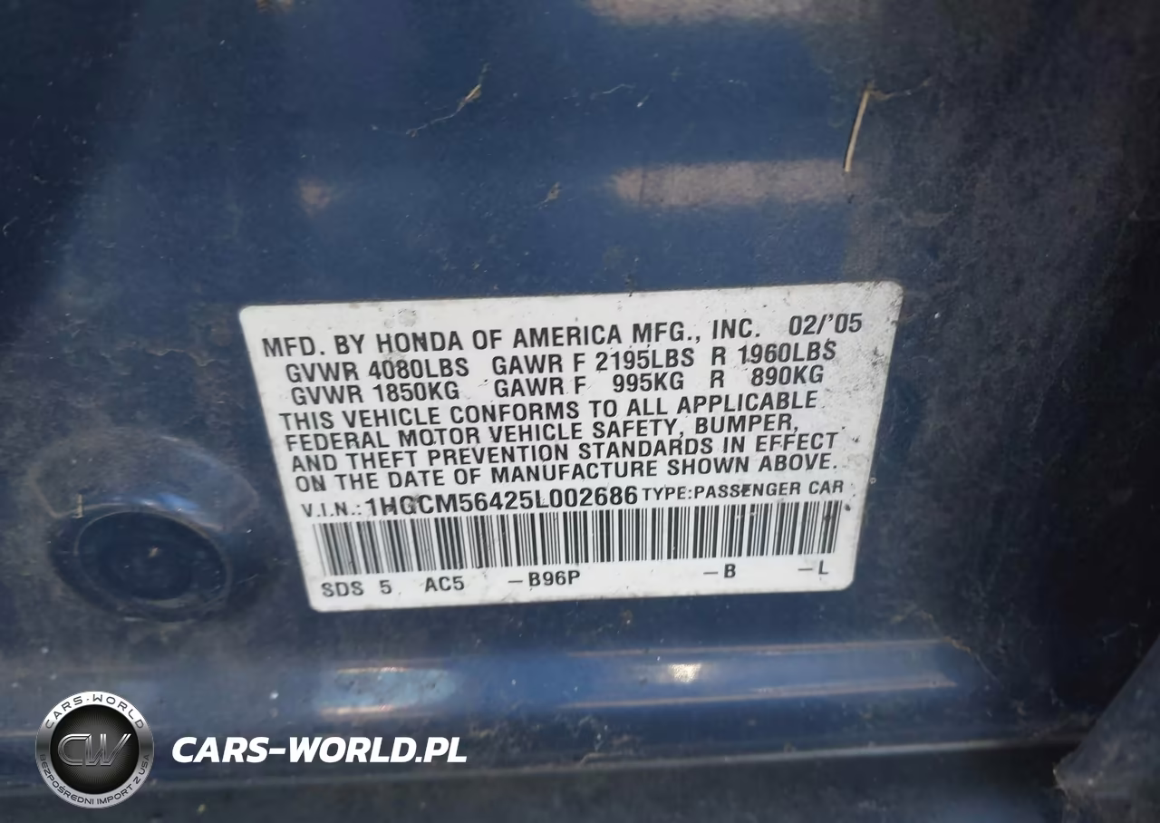 2005 Honda Accord 2.4 Lx VIN:1HGCM56425L002686 - 9