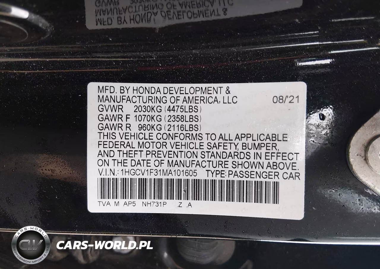 2021 Honda Accord Sport VIN:1HGCV1F31MA101605 - 9
