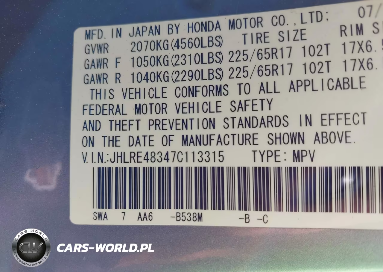2007 Honda Cr-V Lx VIN:JHLRE48347C113315 - 9