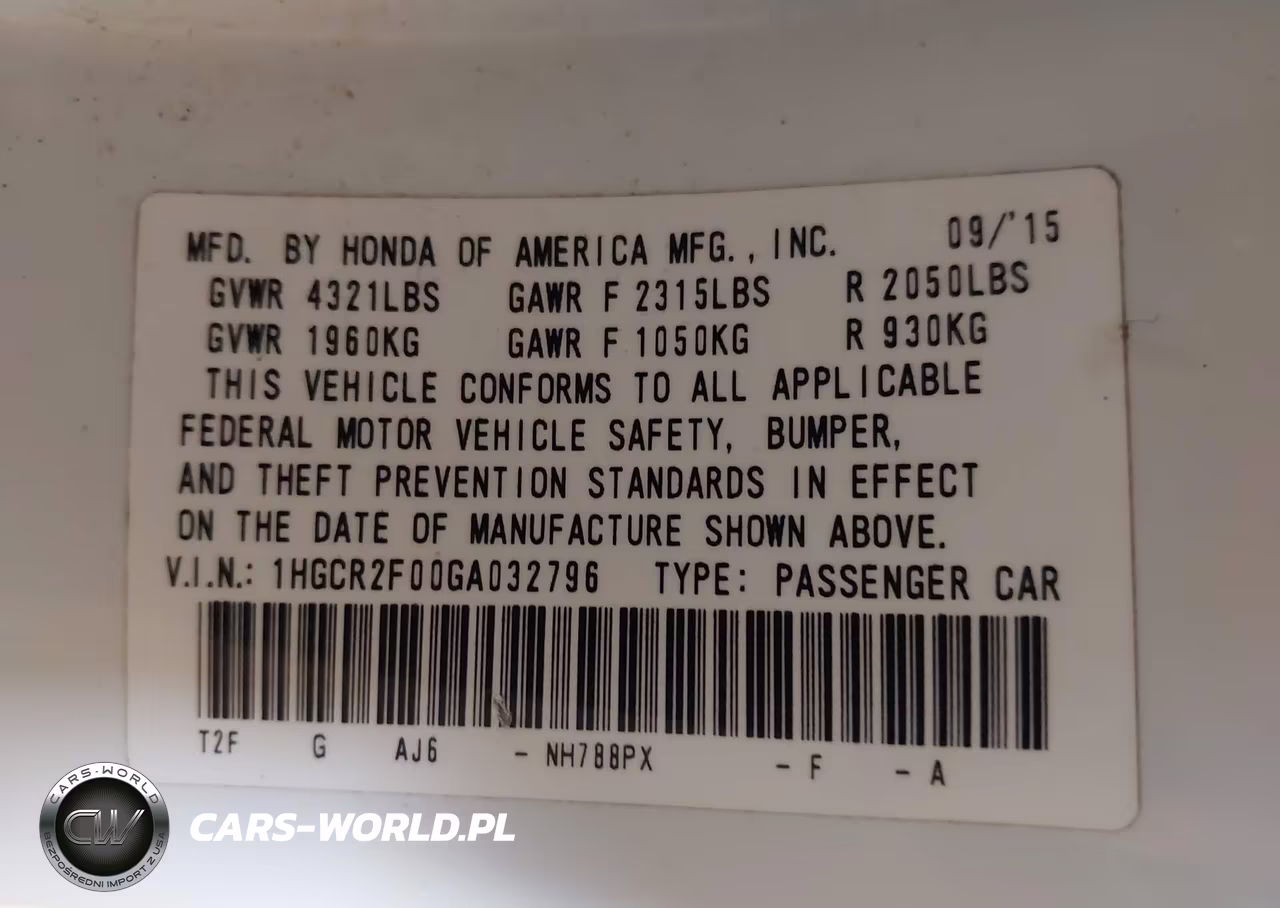2016 Honda Accord Ex VIN:1HGCR2F00GA032796 - 9