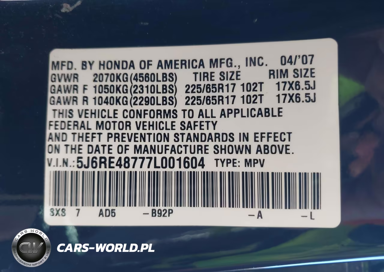 2007 Honda Cr-V Ex-L VIN:5J6RE48777L001604 - 9