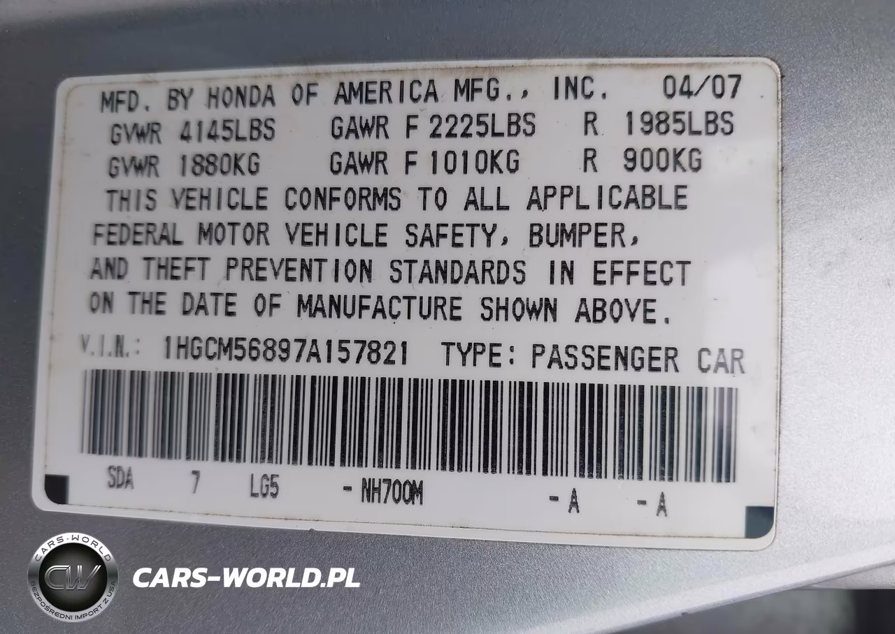 2007 Honda Accord 2.4 Ex VIN:1HGCM56897A157821 - 9