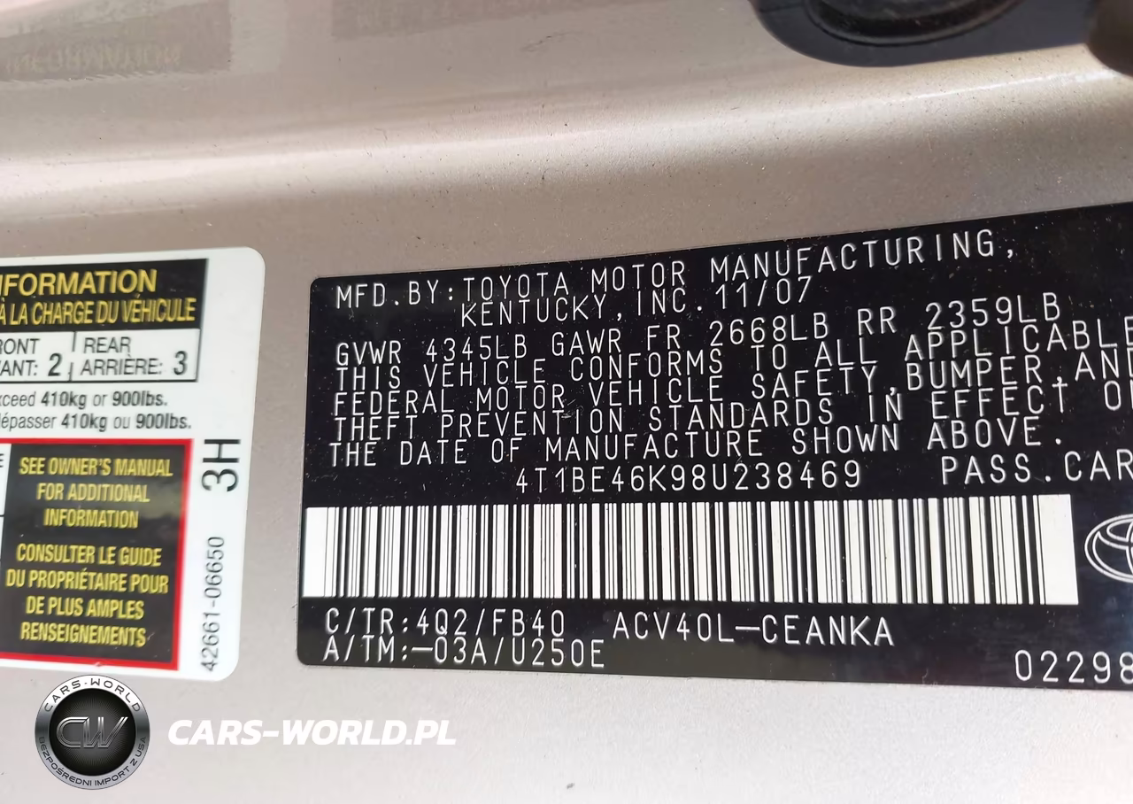 2008 Toyota Camry Le VIN:4T1BE46K98U238469 - 9