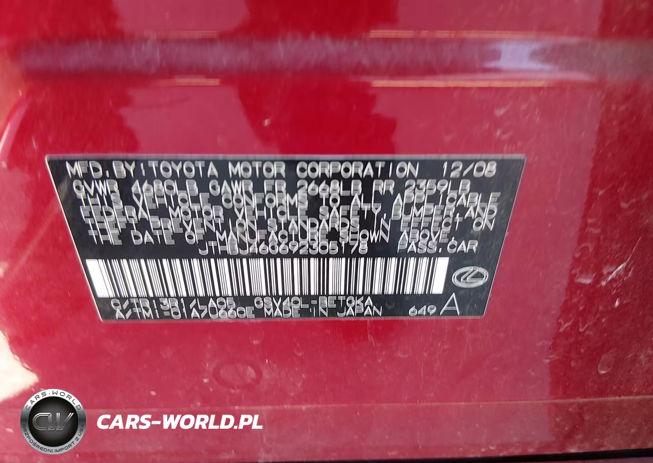 2009 Lexus Es 350 VIN:JTHBJ46G692305178 - 9