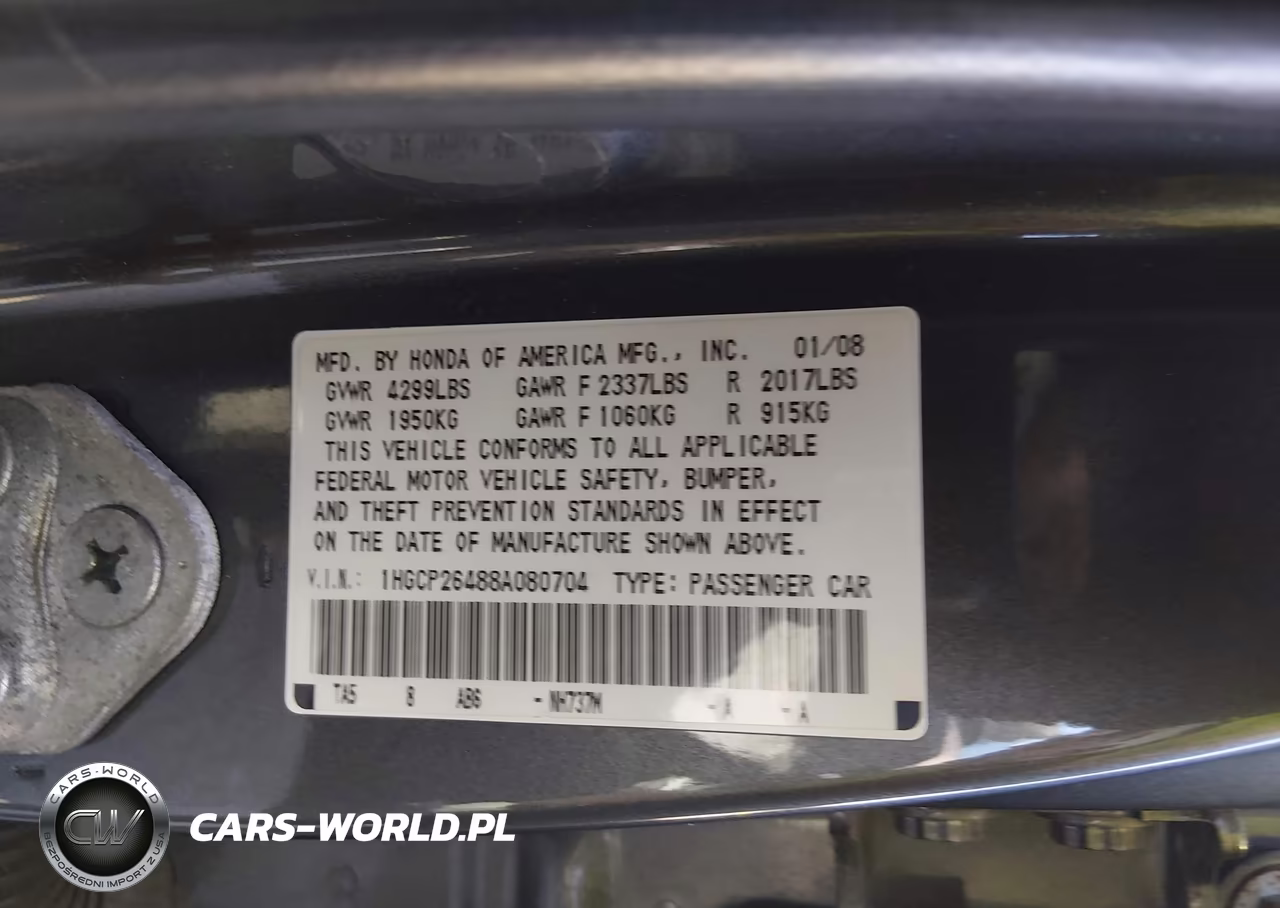 2008 Honda Accord 2.4 Lx-P VIN:1HGCP26488A080704 - 9