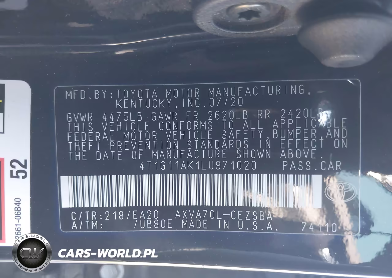 2020 Toyota Camry Se VIN:4T1G11AK1LU971020 - 9