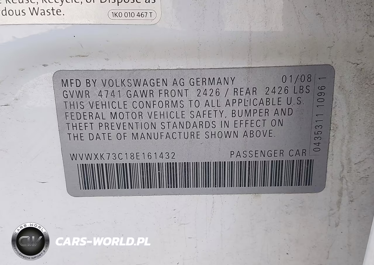 2008 Volkswagen Passat Turbo VIN:WVWXK73C18E161432 - 9