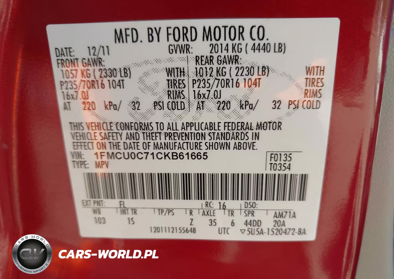 2012 Ford Escape Xls VIN:1FMCU0C71CKB61665 - 9