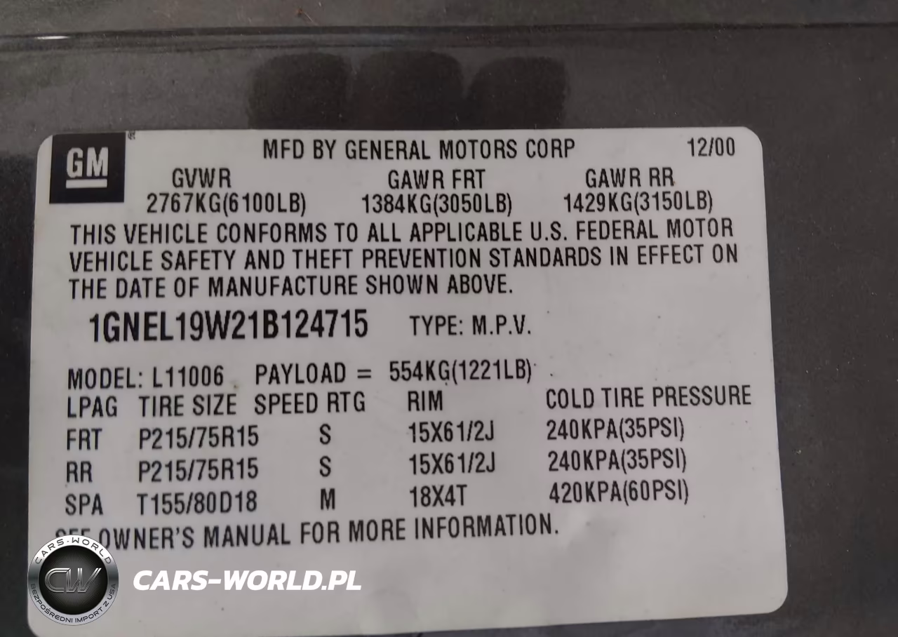 2001 Chevrolet Astro Ls VIN:1GNEL19W21B124715 - 9