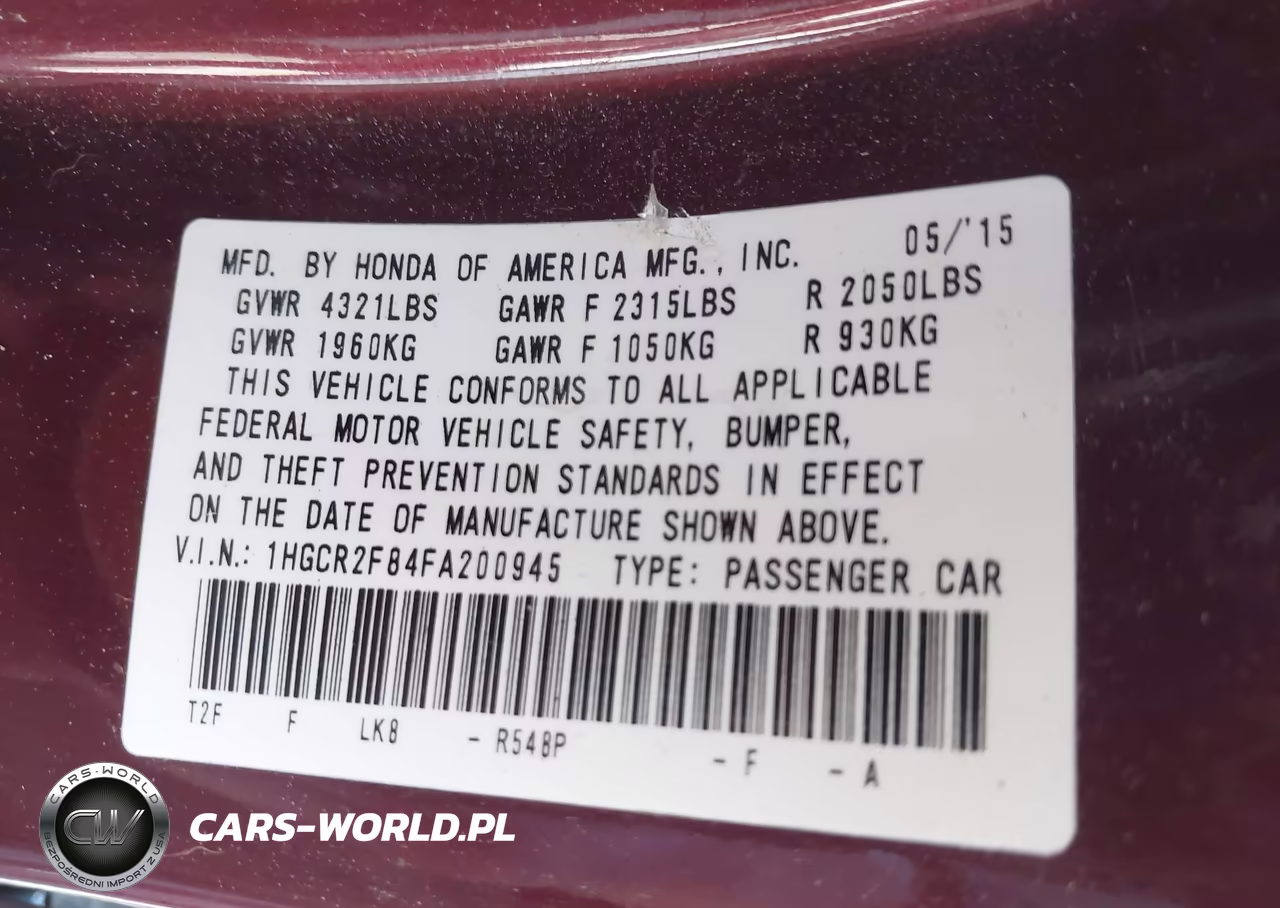 2015 Honda Accord Ex-L VIN:1HGCR2F84FA200945 - 9