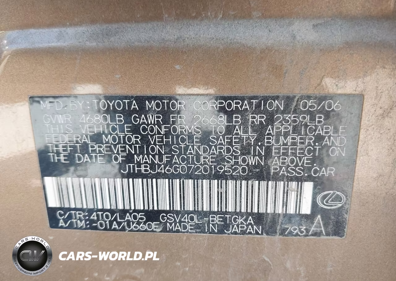 2007 Lexus Es 350 VIN:JTHBJ46G072019520 - 9
