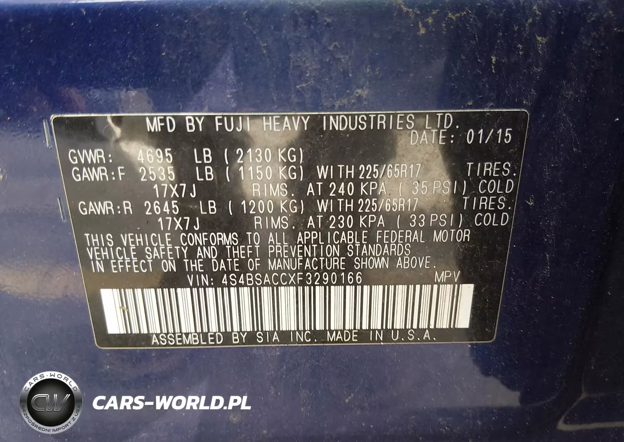 2015 Subaru Outback 2.5I Premium VIN:4S4BSACCXF3290166 - 9