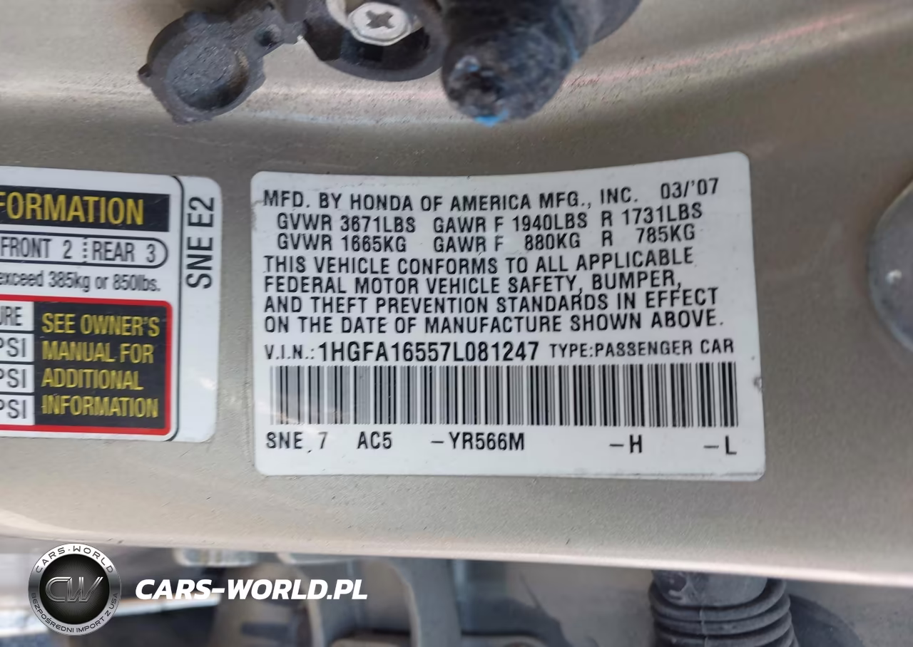 2007 Honda Civic Lx VIN:1HGFA16557L081247 - 9