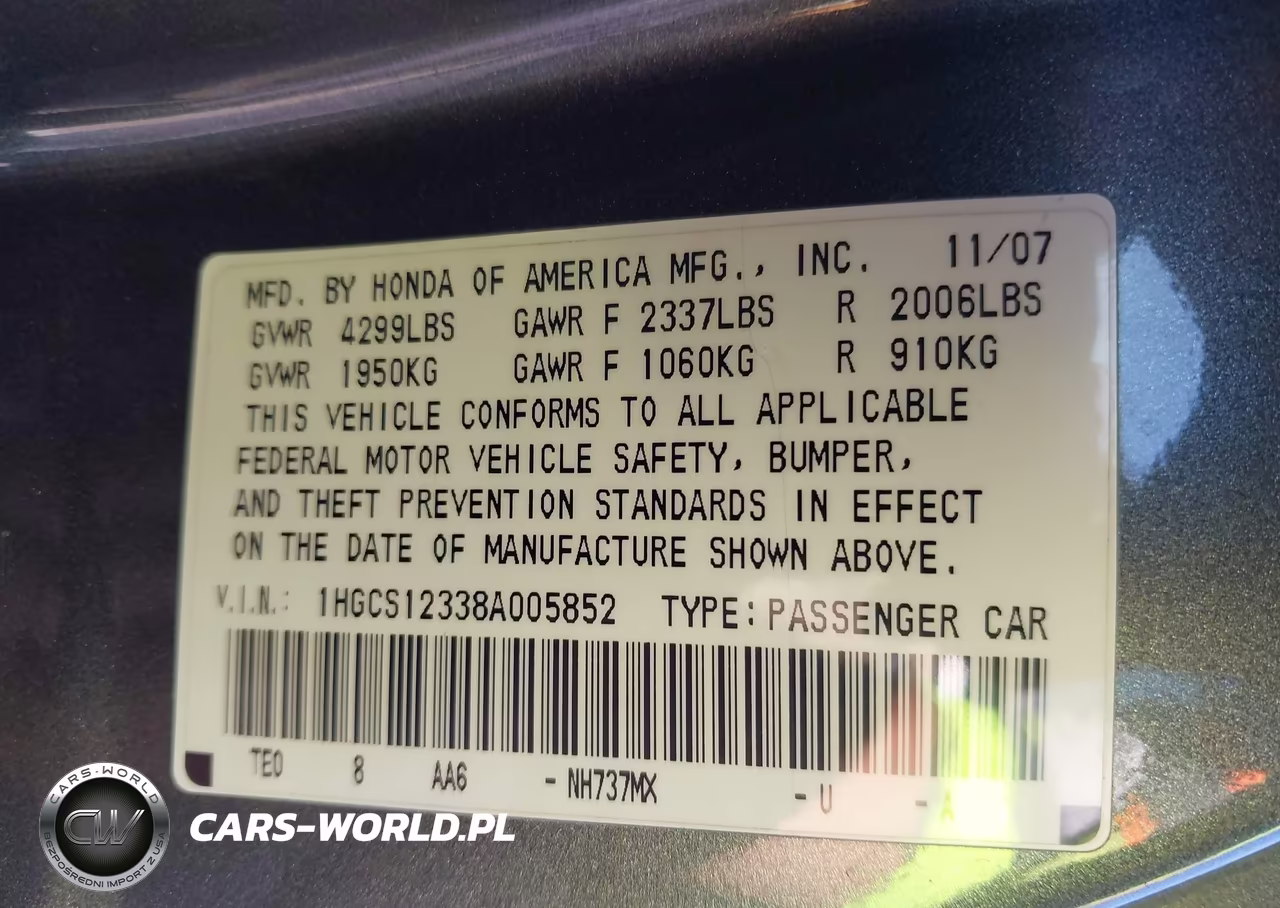 2008 Honda Accord 2.4 Lx-S VIN:1HGCS12338A005852 - 9