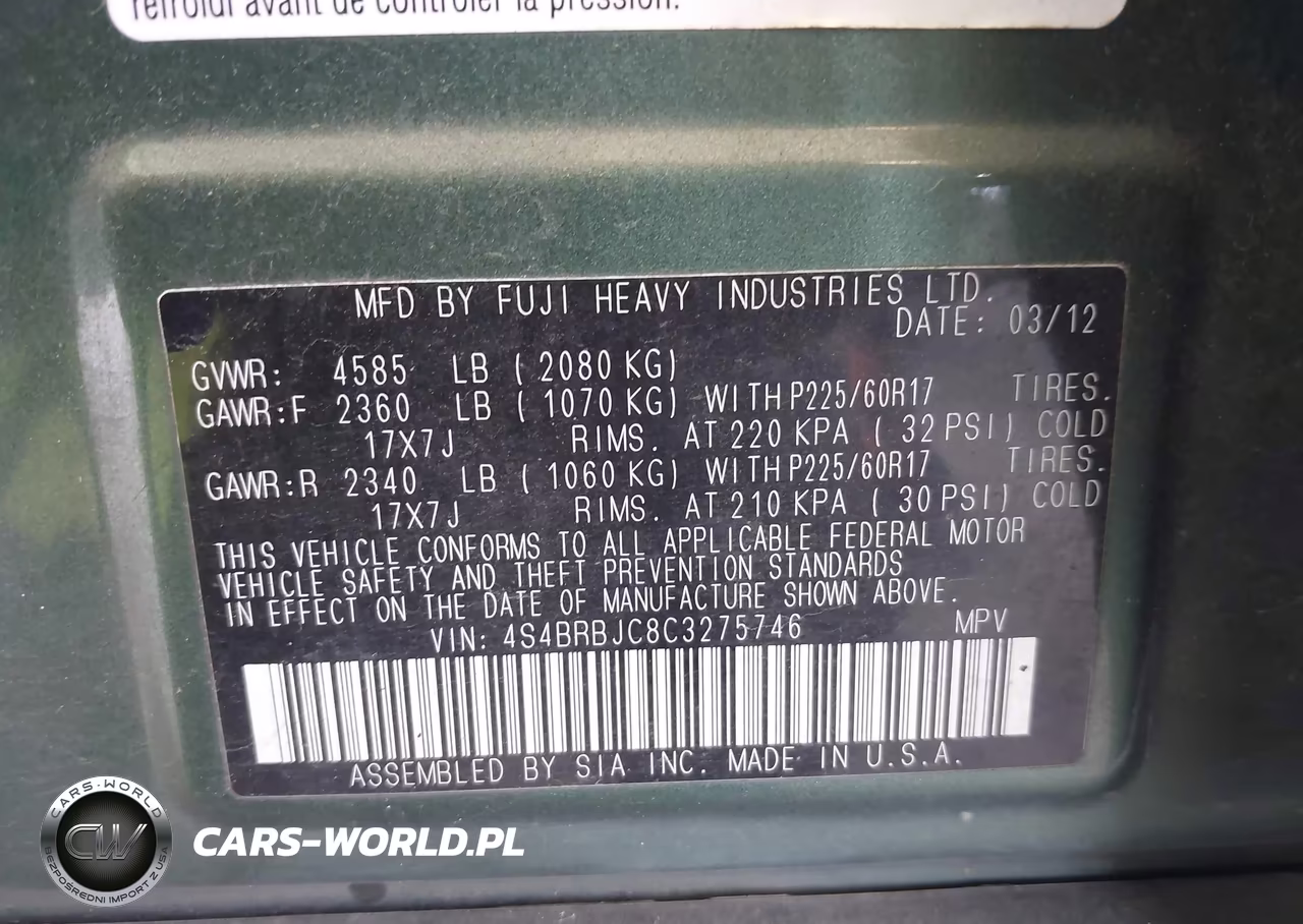 2012 Subaru Outback 2.5I Limited VIN:4S4BRBJC8C3275746 - 9