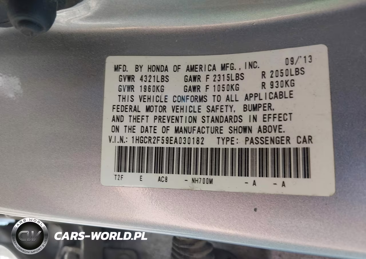 2014 Honda Accord Sport VIN:1HGCR2F59EA030182 - 9