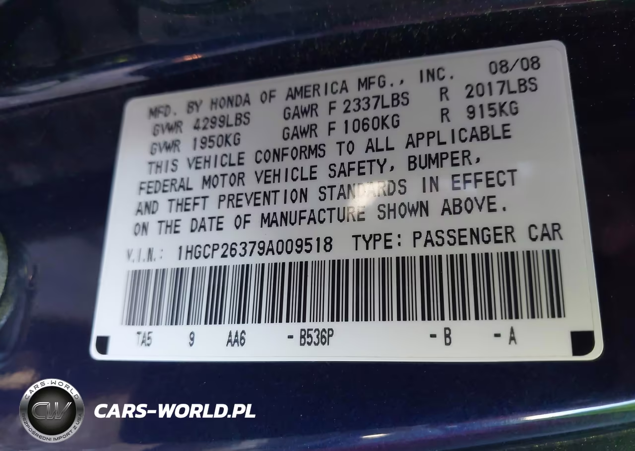 2009 Honda Accord 2.4 Lx VIN:1HGCP26379A009518 - 9